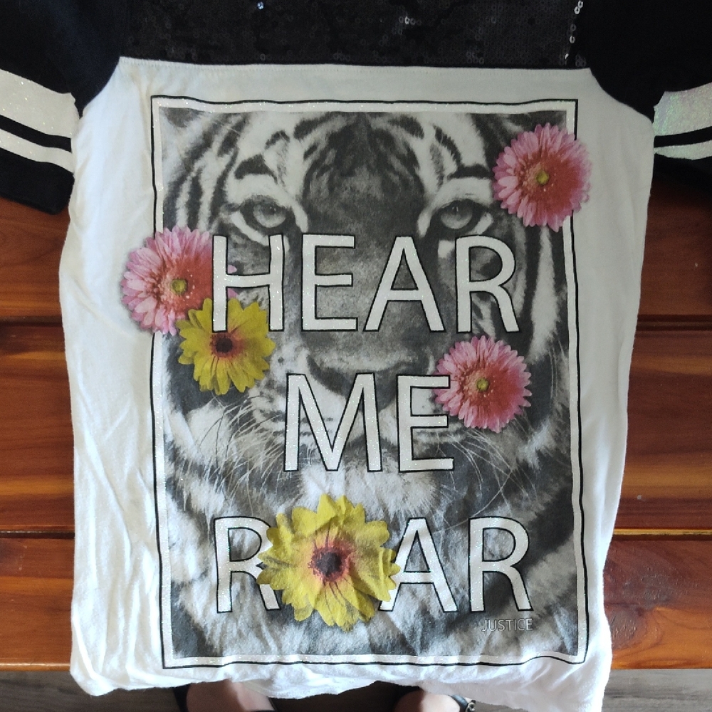 Justice Black and White Tiger Tee with Pink and Yellow Floral Accents